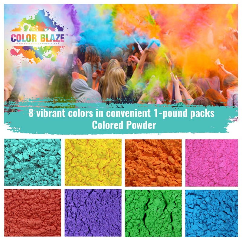 Color Blaze مسحوق الألوان هولي - 1 رطل من كل لون - وردي، أحمر، برتقالي، أصفر، أخضر، أزرق مخضر، أزرق، بنفسجي - للسباقات الممتعة، الرمي، الرانغولي، حرب الألوان، الحفلات والمهرجانات - إجمالي عبوة 8 أرطال - Image 2